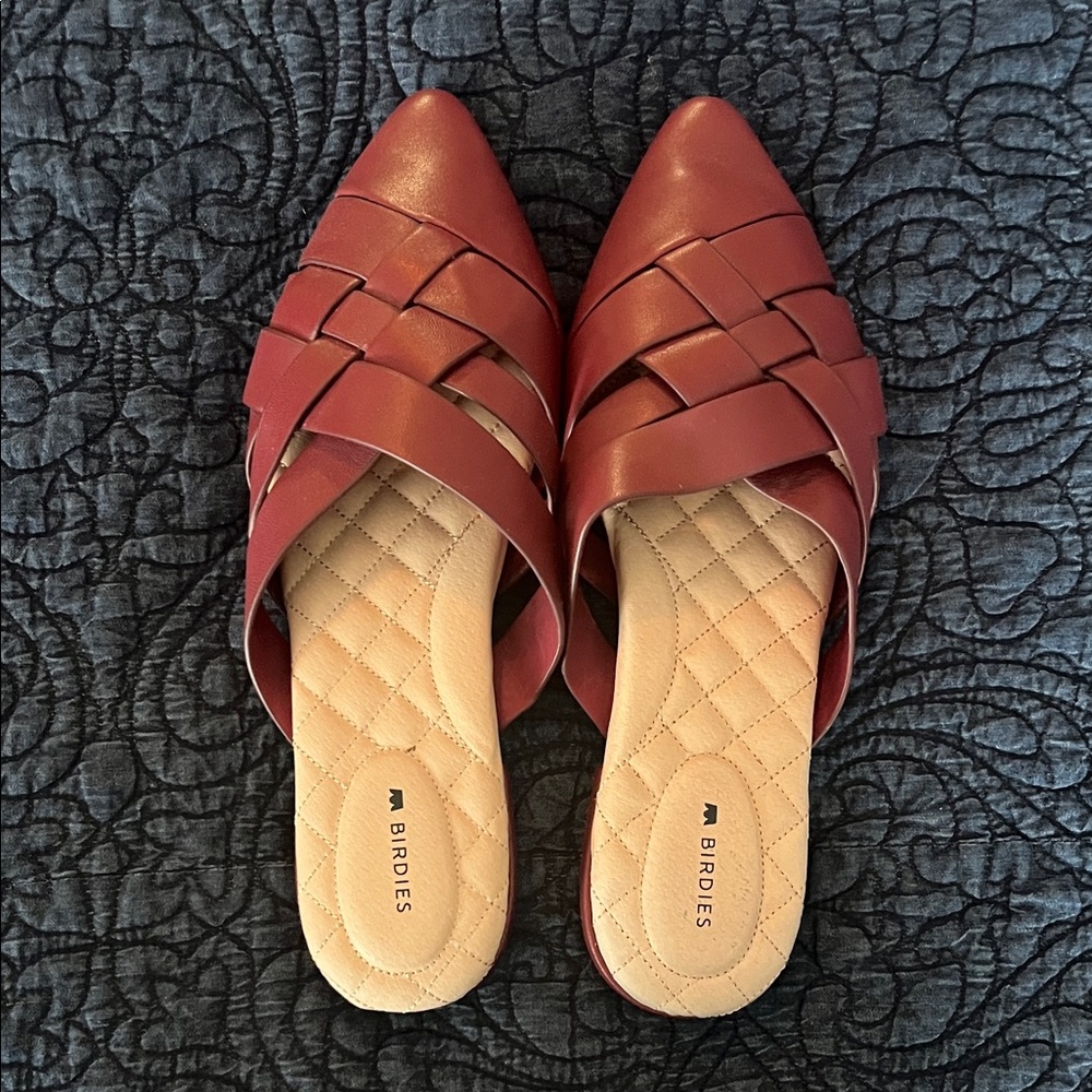 Birdies Red Woven Leather Mules